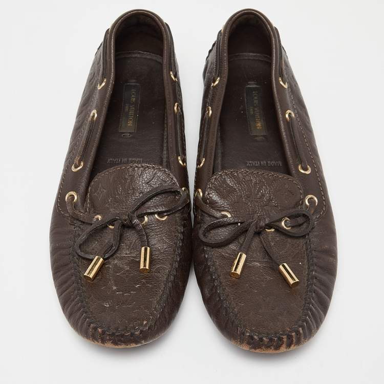 Pre Owned Louis Vuitton Brown Monogram Embossed Leather Gloria Loafers Size 37