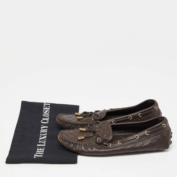 Pre Owned Louis Vuitton Brown Monogram Embossed Leather Gloria Loafers Size 37