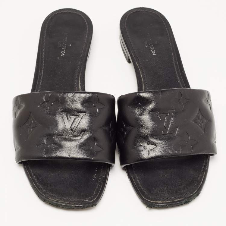 Pre Owned Louis Vuitton Black Monogram Embossed Leather Revival Flat Slides Size 37.5