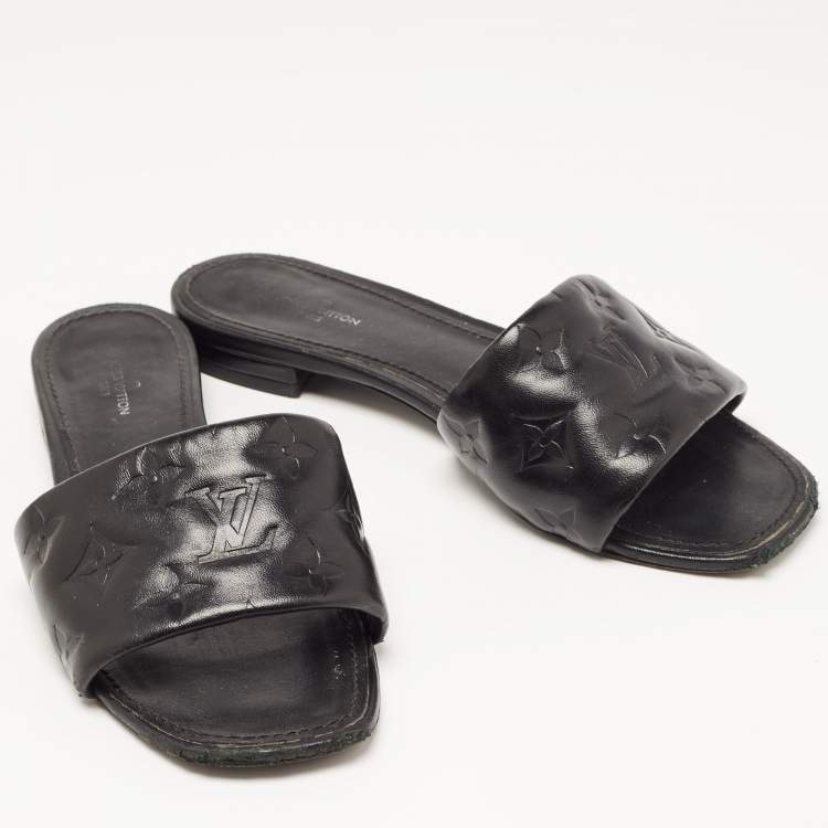 Pre Owned Louis Vuitton Black Monogram Embossed Leather Revival Flat Slides Size 37.5