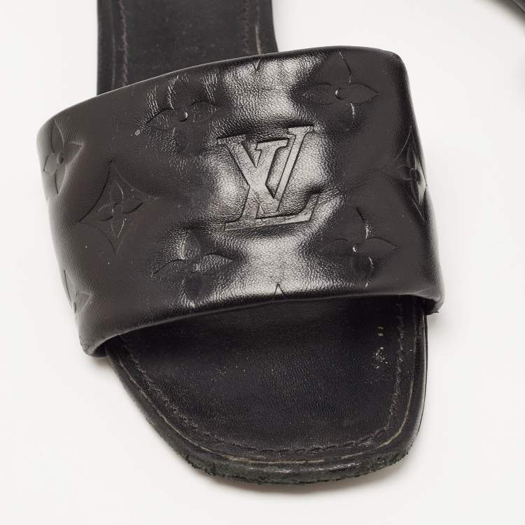 Pre Owned Louis Vuitton Black Monogram Embossed Leather Revival Flat Slides Size 37.5