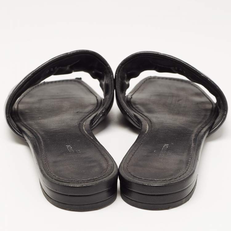 Pre Owned Louis Vuitton Black Monogram Embossed Leather Revival Flat Slides Size 37.5