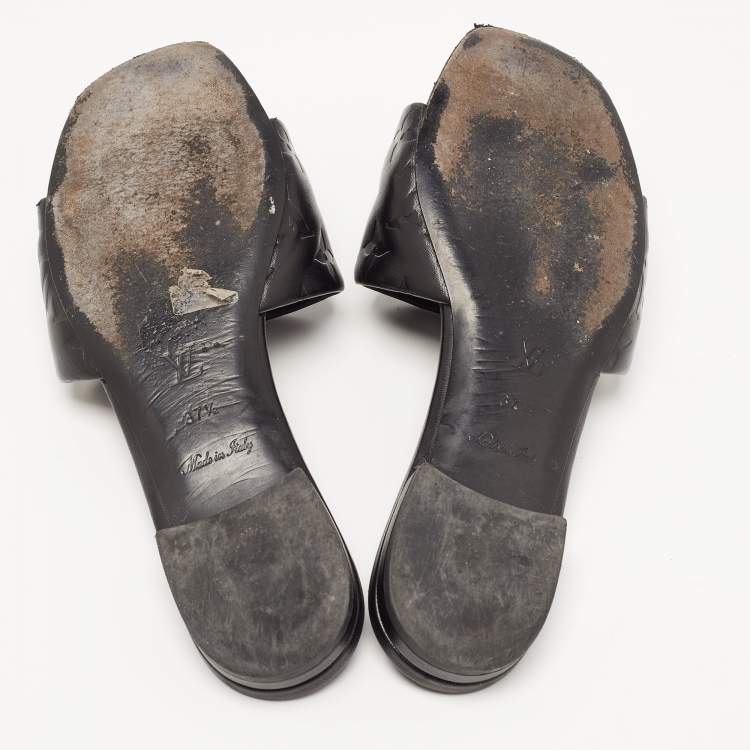Pre Owned Louis Vuitton Black Monogram Embossed Leather Revival Flat Slides Size 37.5