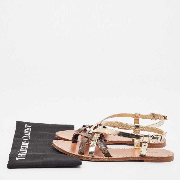 Pre Owned Louis Vuitton Brown/Gold Foil Leather and Monogram Coated Canvas Strappy Flat Sandals Size 40