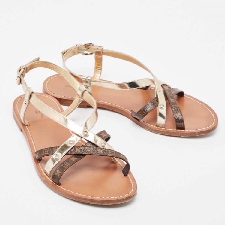 Pre Owned Louis Vuitton Brown/Gold Foil Leather and Monogram Coated Canvas Strappy Flat Sandals Size 40
