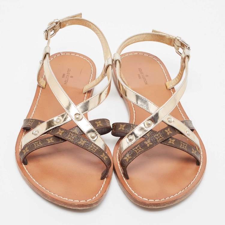 Pre Owned Louis Vuitton Brown/Gold Foil Leather and Monogram Coated Canvas Strappy Flat Sandals Size 40