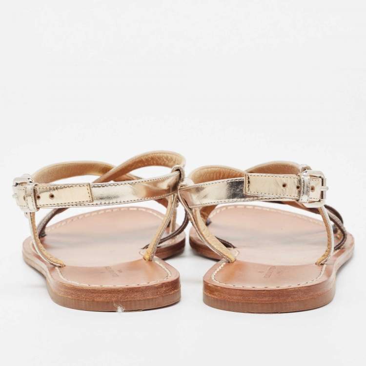 Pre Owned Louis Vuitton Brown/Gold Foil Leather and Monogram Coated Canvas Strappy Flat Sandals Size 40