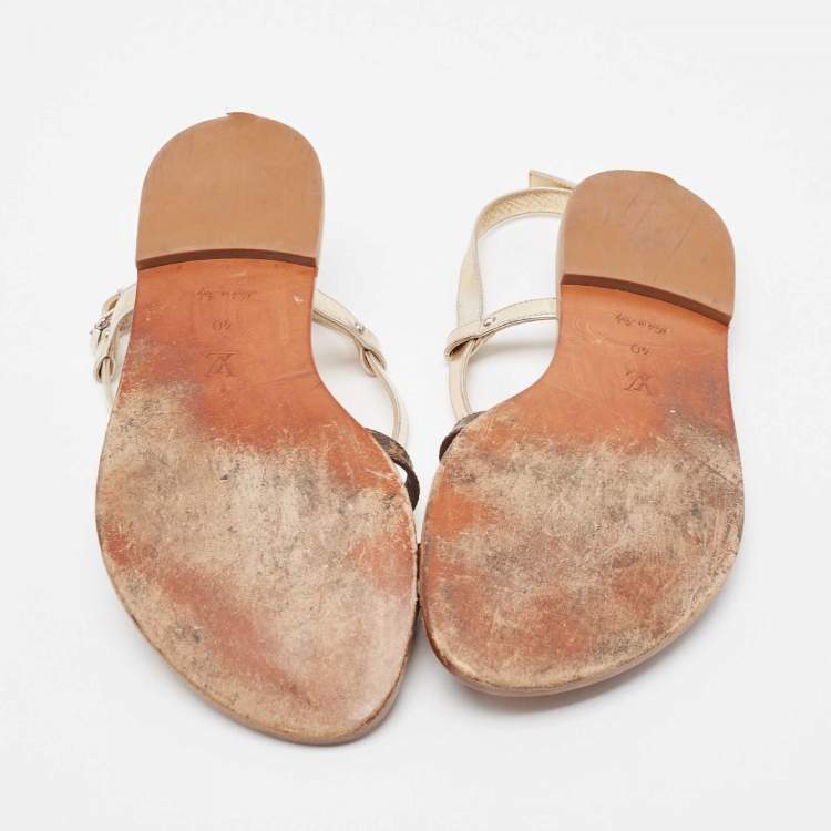 Pre Owned Louis Vuitton Brown/Gold Foil Leather and Monogram Coated Canvas Strappy Flat Sandals Size 40
