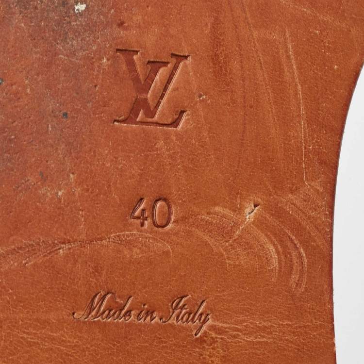 Pre Owned Louis Vuitton Brown/Gold Foil Leather and Monogram Coated Canvas Strappy Flat Sandals Size 40