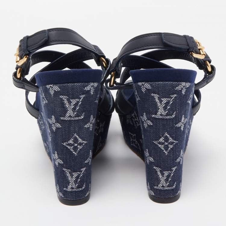 Pre Owned Louis Vuitton Blue Denim And Leather Ocean Criss Cross Wedge Sandals Size 38.5