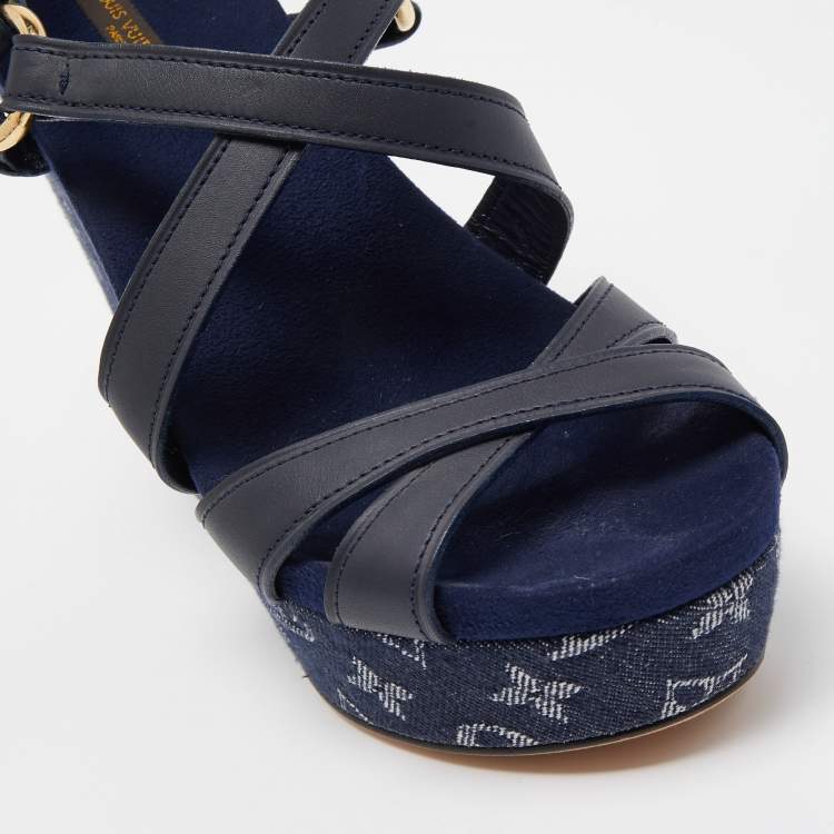 Pre Owned Louis Vuitton Blue Denim And Leather Ocean Criss Cross Wedge Sandals Size 38.5