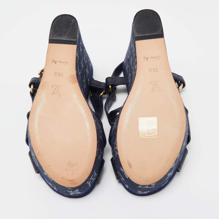 Pre Owned Louis Vuitton Blue Denim And Leather Ocean Criss Cross Wedge Sandals Size 38.5