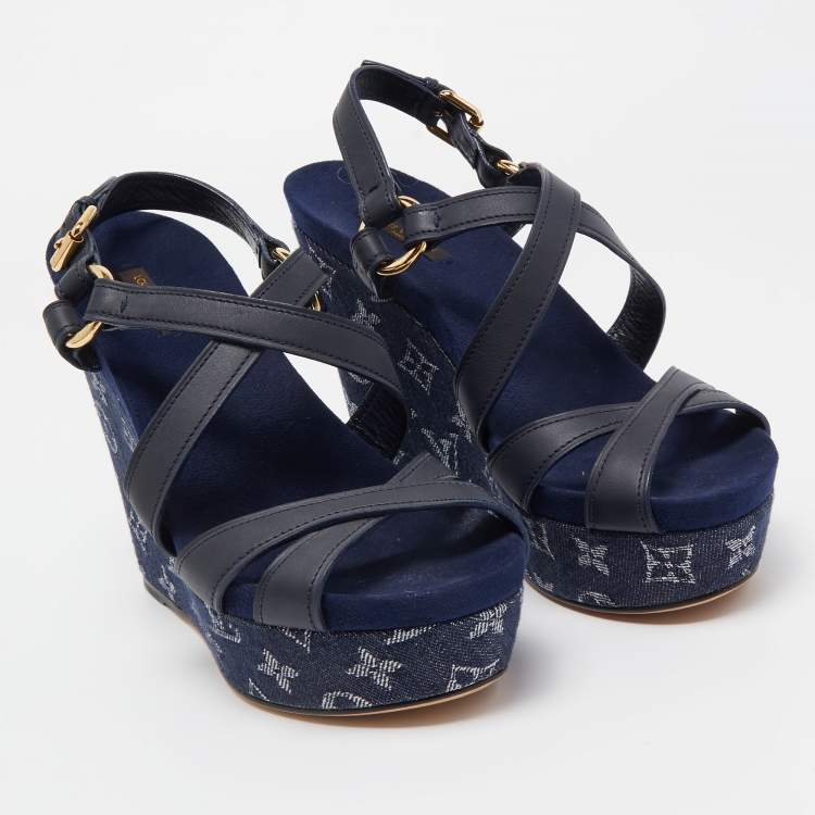 Pre Owned Louis Vuitton Blue Denim And Leather Ocean Criss Cross Wedge Sandals Size 38.5