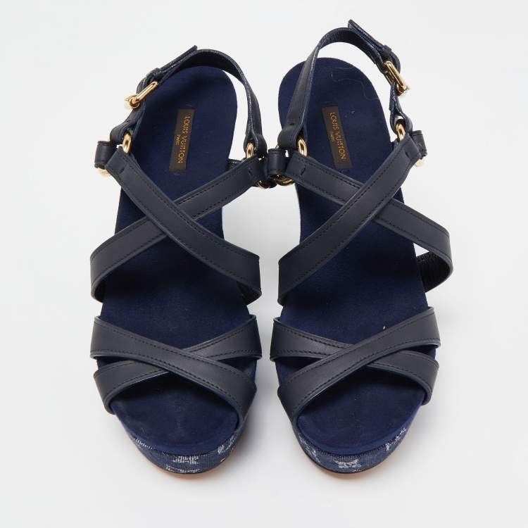 Pre Owned Louis Vuitton Blue Denim And Leather Ocean Criss Cross Wedge Sandals Size 38.5