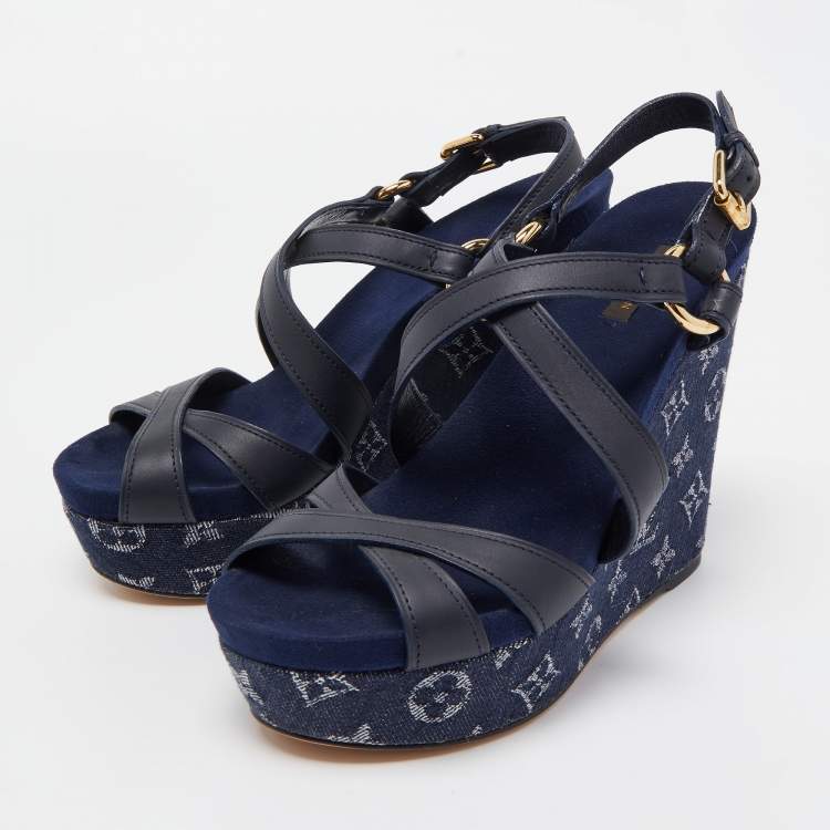 Pre Owned Louis Vuitton Blue Denim And Leather Ocean Criss Cross Wedge Sandals Size 38.5