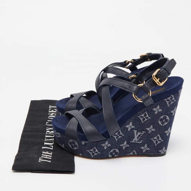 Pre Owned Louis Vuitton Blue Denim And Leather Ocean Criss Cross Wedge Sandals Size 38.5