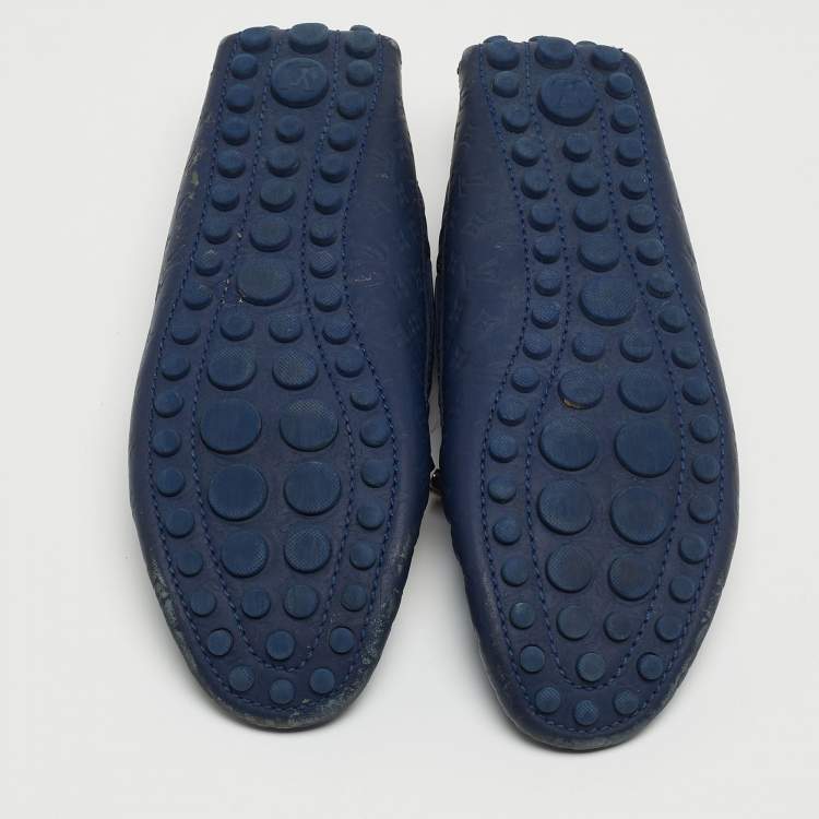 Pre Owned Louis Vuitton Navy Blue Monogram Embossed Leather Gloria Loafers Size 38.5