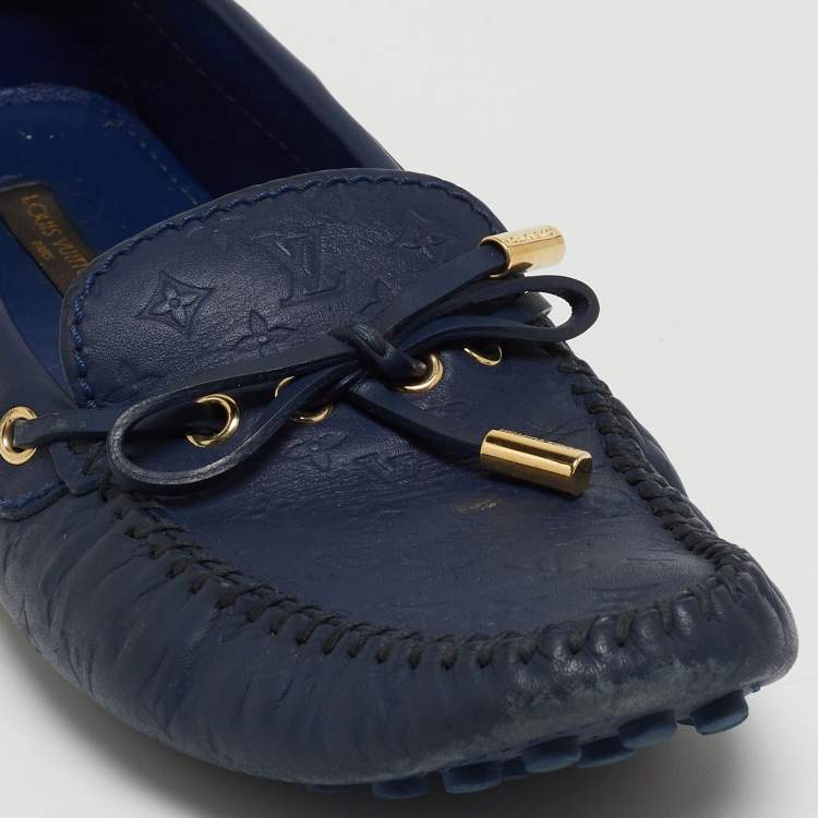 Pre Owned Louis Vuitton Navy Blue Monogram Embossed Leather Gloria Loafers Size 38.5