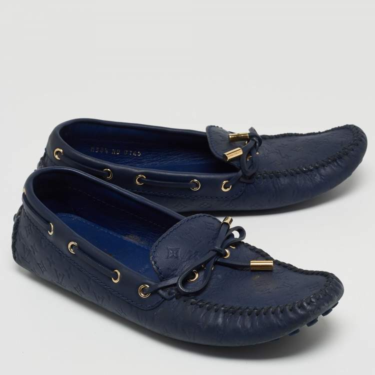 Pre Owned Louis Vuitton Navy Blue Monogram Embossed Leather Gloria Loafers Size 38.5