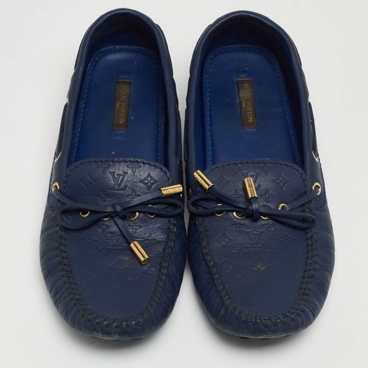 Pre Owned Louis Vuitton Navy Blue Monogram Embossed Leather Gloria Loafers Size 38.5