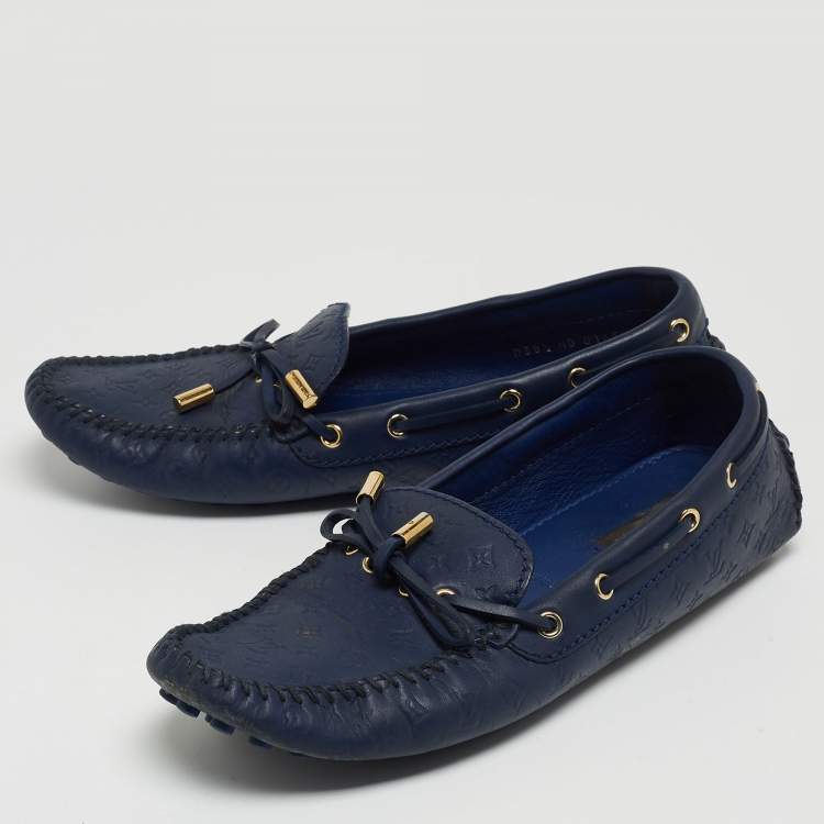Pre Owned Louis Vuitton Navy Blue Monogram Embossed Leather Gloria Loafers Size 38.5