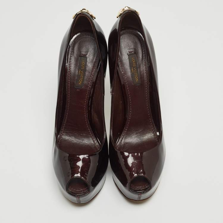 Pre Owned Louis Vuitton Burgundy Patent Leather Oh Really! Peep Toe Platform Pumps Size 37.5