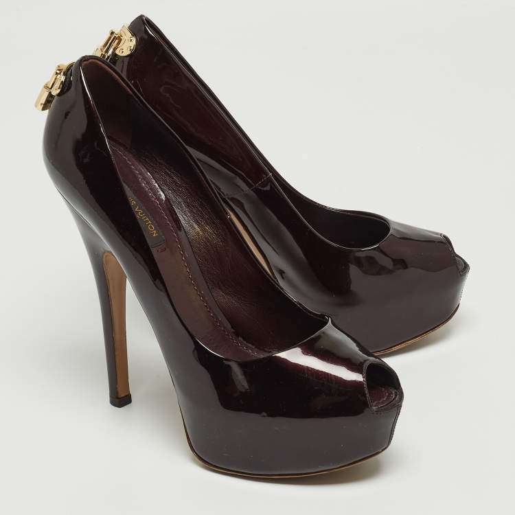 Pre Owned Louis Vuitton Burgundy Patent Leather Oh Really! Peep Toe Platform Pumps Size 37.5