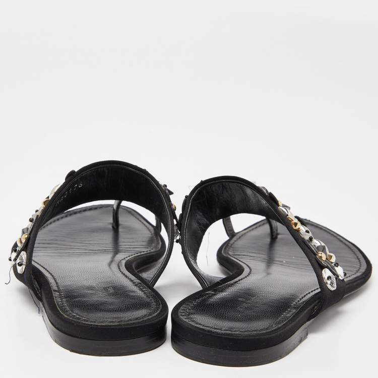 Pre Owned Louis Vuitton Black Satin Embellished Flat Slides Size 37.5   