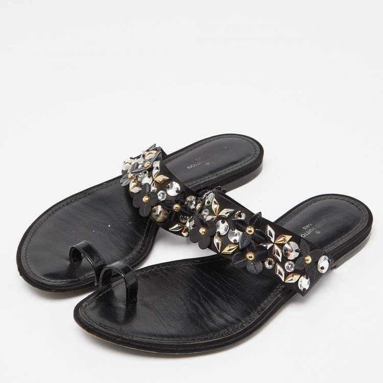 Pre Owned Louis Vuitton Black Satin Embellished Flat Slides Size 37.5   