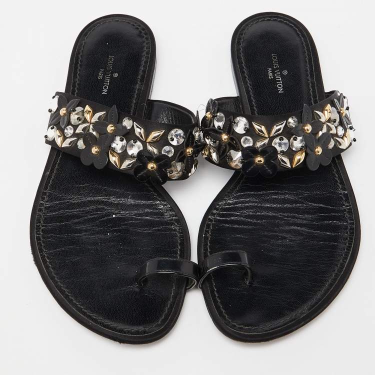 Pre Owned Louis Vuitton Black Satin Embellished Flat Slides Size 37.5   