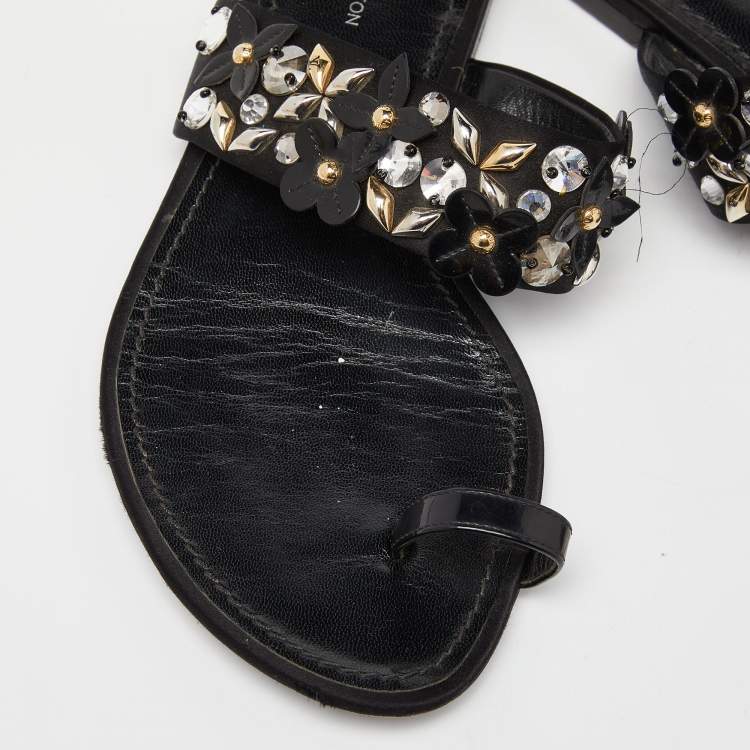 Pre Owned Louis Vuitton Black Satin Embellished Flat Slides Size 37.5   