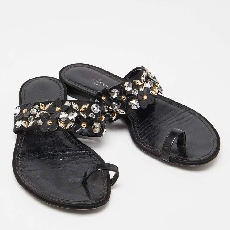 Pre Owned Louis Vuitton Black Satin Embellished Flat Slides Size 37.5   