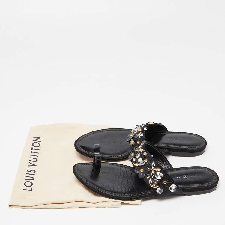 Pre Owned Louis Vuitton Black Satin Embellished Flat Slides Size 37.5   