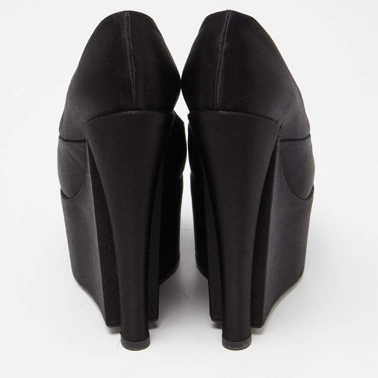 Pre Owned Louis Vuitton Black Satin Peep Toe Platform Wedge Pumps Size 37.5
