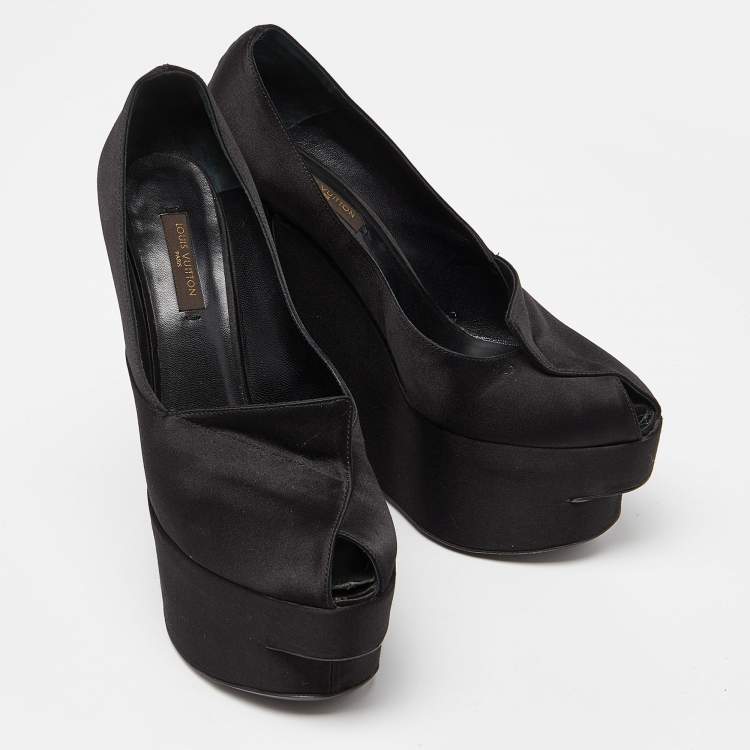 Pre Owned Louis Vuitton Black Satin Peep Toe Platform Wedge Pumps Size 37.5