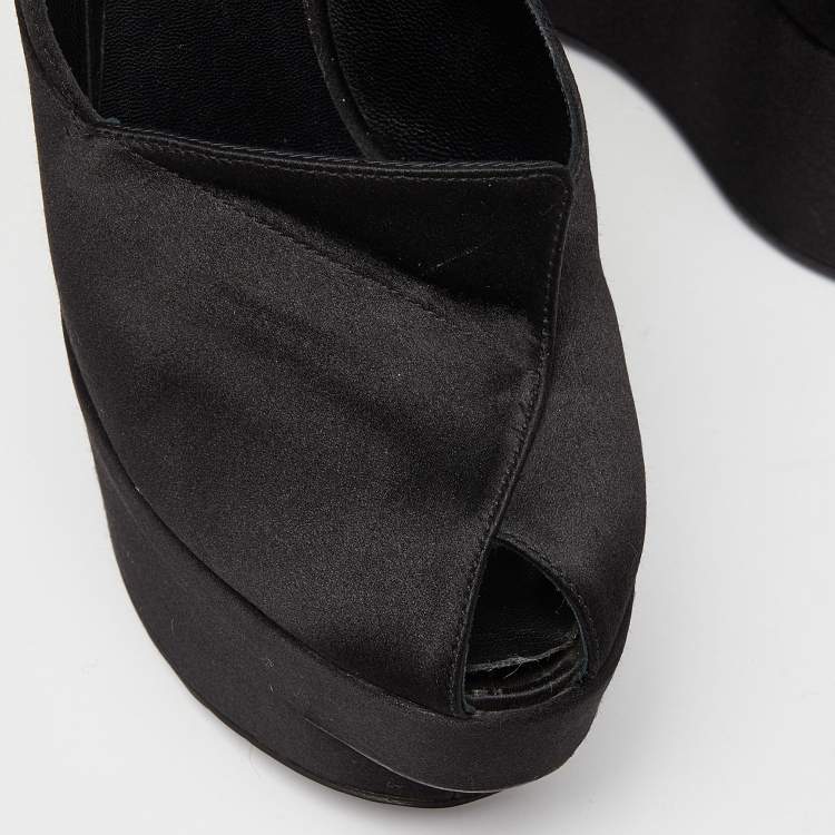 Pre Owned Louis Vuitton Black Satin Peep Toe Platform Wedge Pumps Size 37.5
