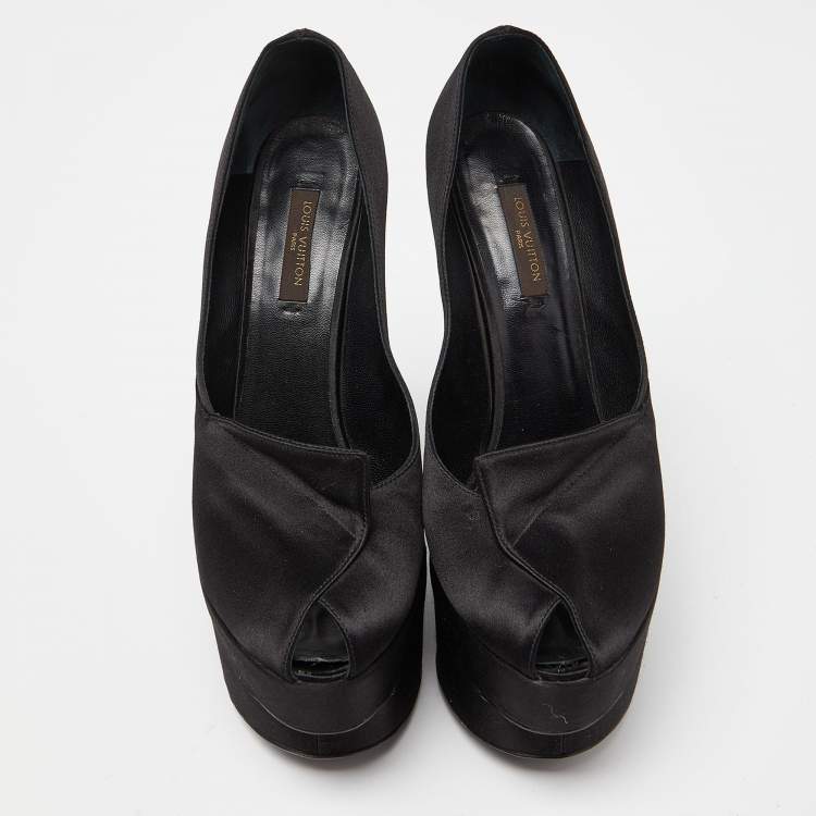 Pre Owned Louis Vuitton Black Satin Peep Toe Platform Wedge Pumps Size 37.5