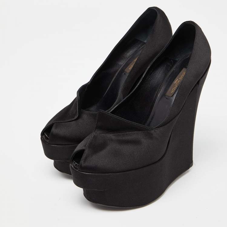 Pre Owned Louis Vuitton Black Satin Peep Toe Platform Wedge Pumps Size 37.5