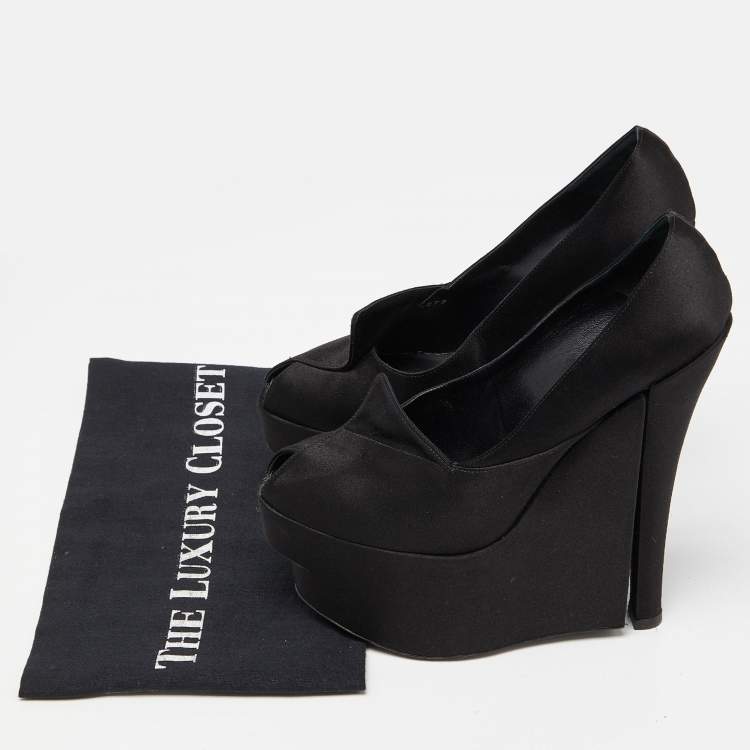 Pre Owned Louis Vuitton Black Satin Peep Toe Platform Wedge Pumps Size 37.5