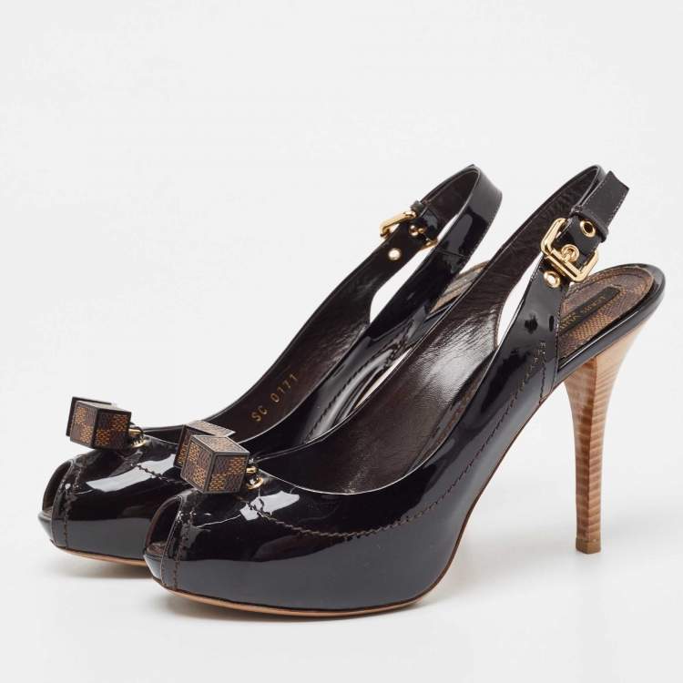 Pre Owned Louis Vuitton Black Patent Leather Slingback Pumps Size 38