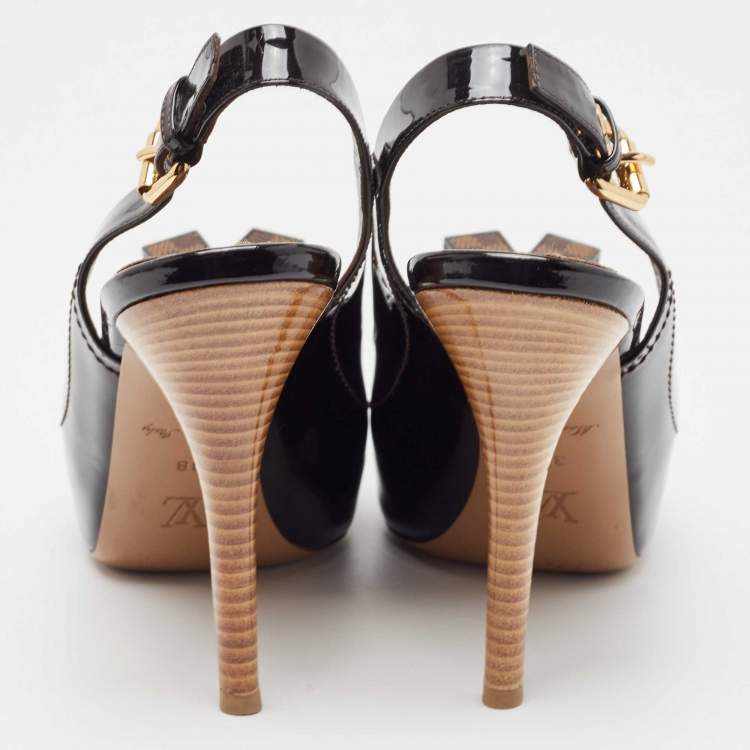 Pre Owned Louis Vuitton Black Patent Leather Slingback Pumps Size 38