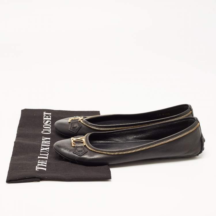 Pre Owned Louis Vuitton Black Leather Zipper Trim Oxford Ballet Flats Size 40