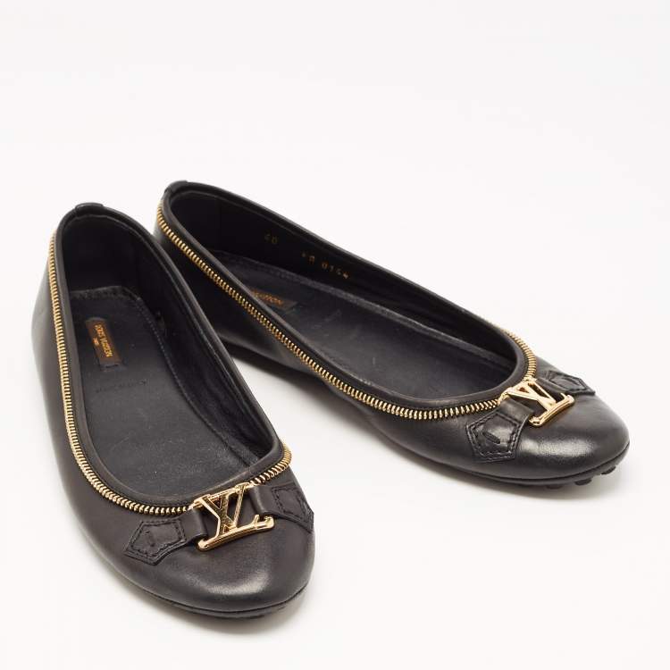 Pre Owned Louis Vuitton Black Leather Zipper Trim Oxford Ballet Flats Size 40