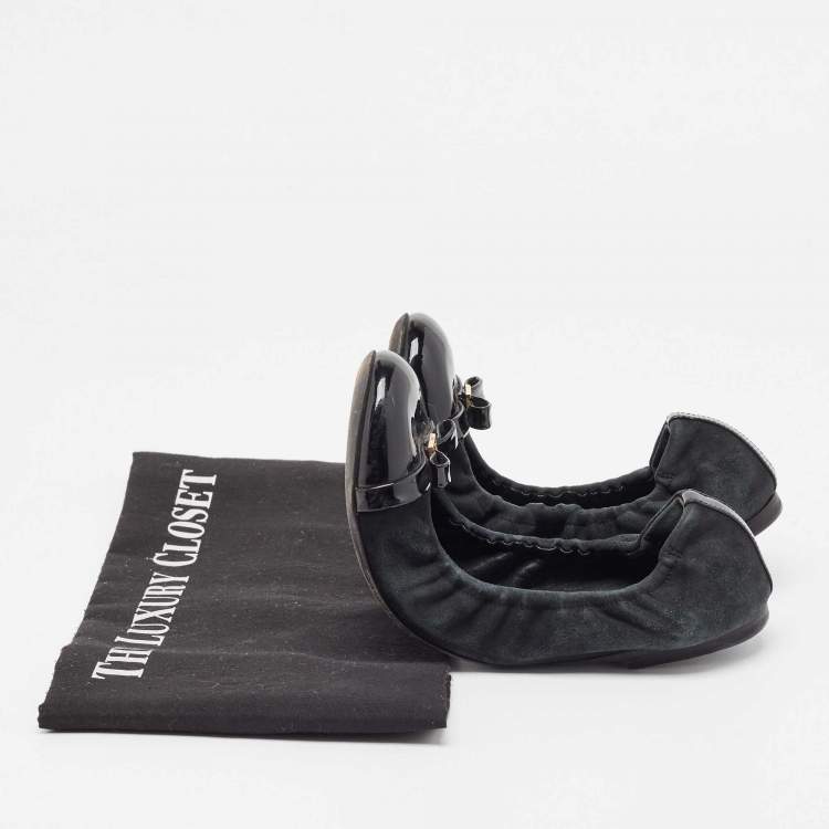 Pre Owned Louis Vuitton Black Suede and Patent Leather Scrunch Ballet Flats Size 37