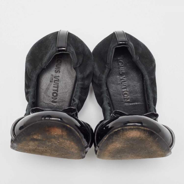 Pre Owned Louis Vuitton Black Suede and Patent Leather Scrunch Ballet Flats Size 37