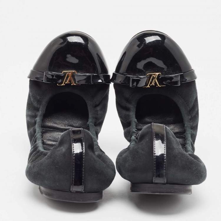 Pre Owned Louis Vuitton Black Suede and Patent Leather Scrunch Ballet Flats Size 37