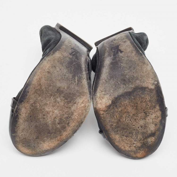 Pre Owned Louis Vuitton Black Suede and Patent Leather Scrunch Ballet Flats Size 37