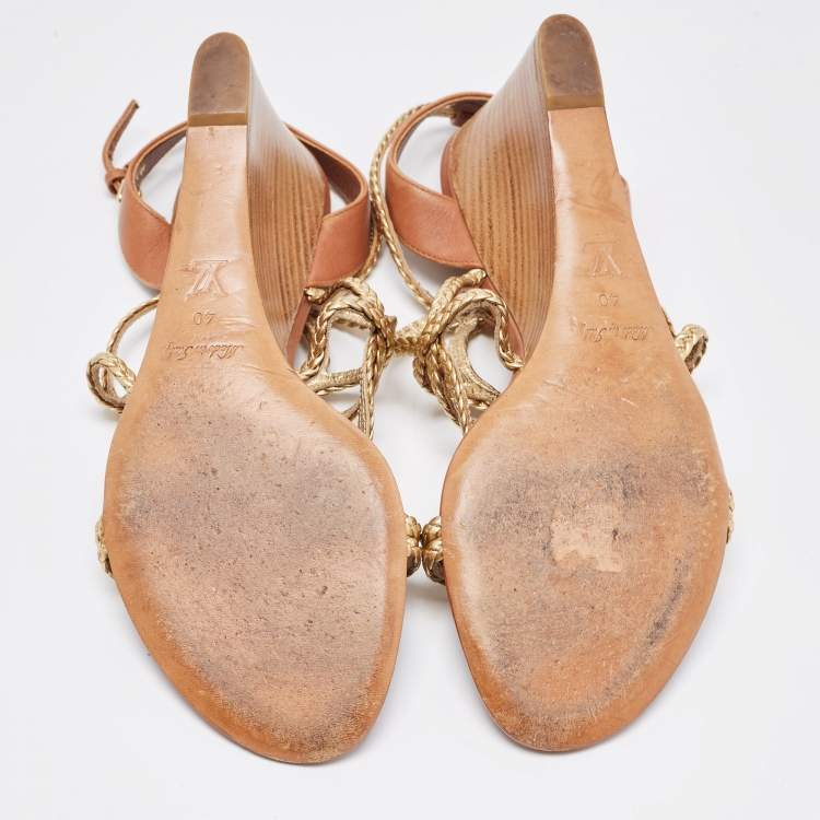 Pre Owned Louis Vuitton Gold/Brown Leather Wedge Sandals Size 40