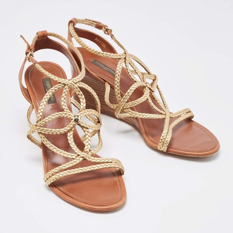 Pre Owned Louis Vuitton Gold/Brown Leather Wedge Sandals Size 40