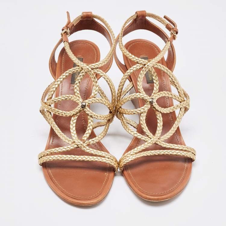 Pre Owned Louis Vuitton Gold/Brown Leather Wedge Sandals Size 40